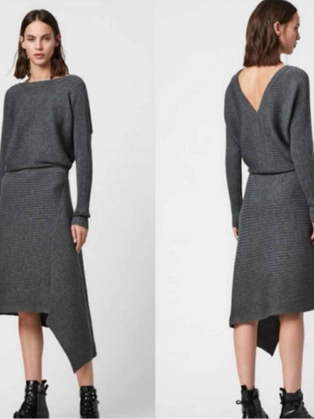 & Other Stories Charcoal Ribbed Asymmetrical Knit Dress
